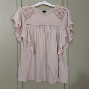 Hannah Blouse Womens Large Pink Crochet Yoke Ruffle Flutter Short Sleeve Top